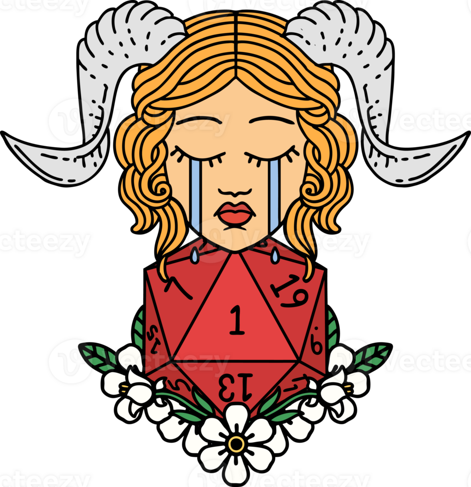crying tiefling with natural one D20 dice roll illustration png