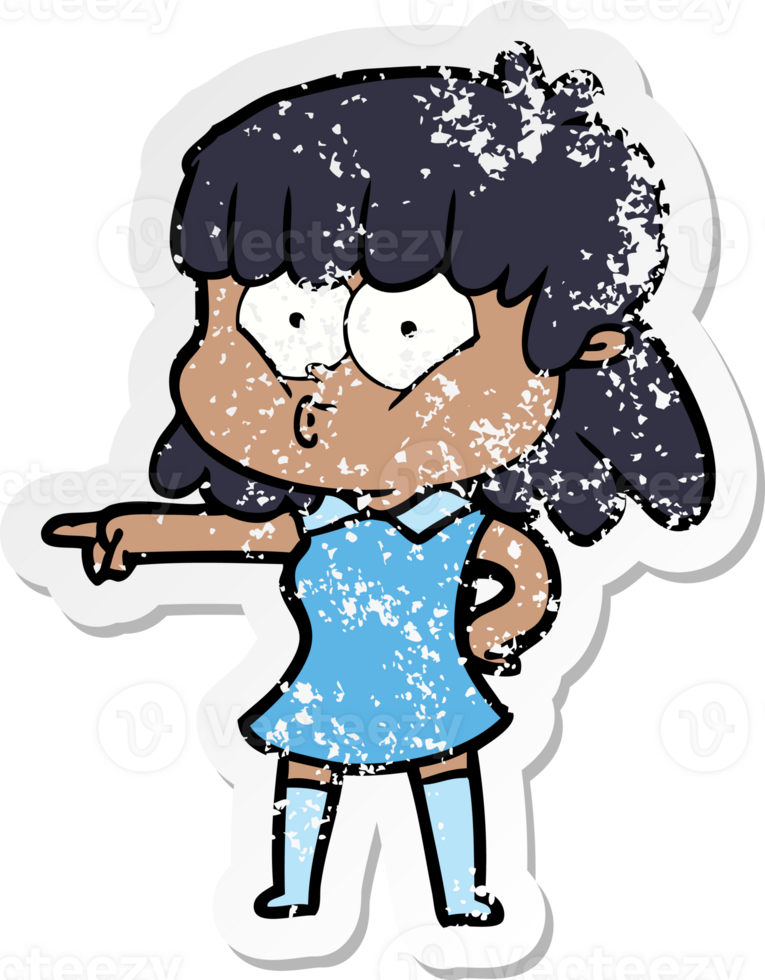 distressed sticker of a cartoon whistling girl pointing png