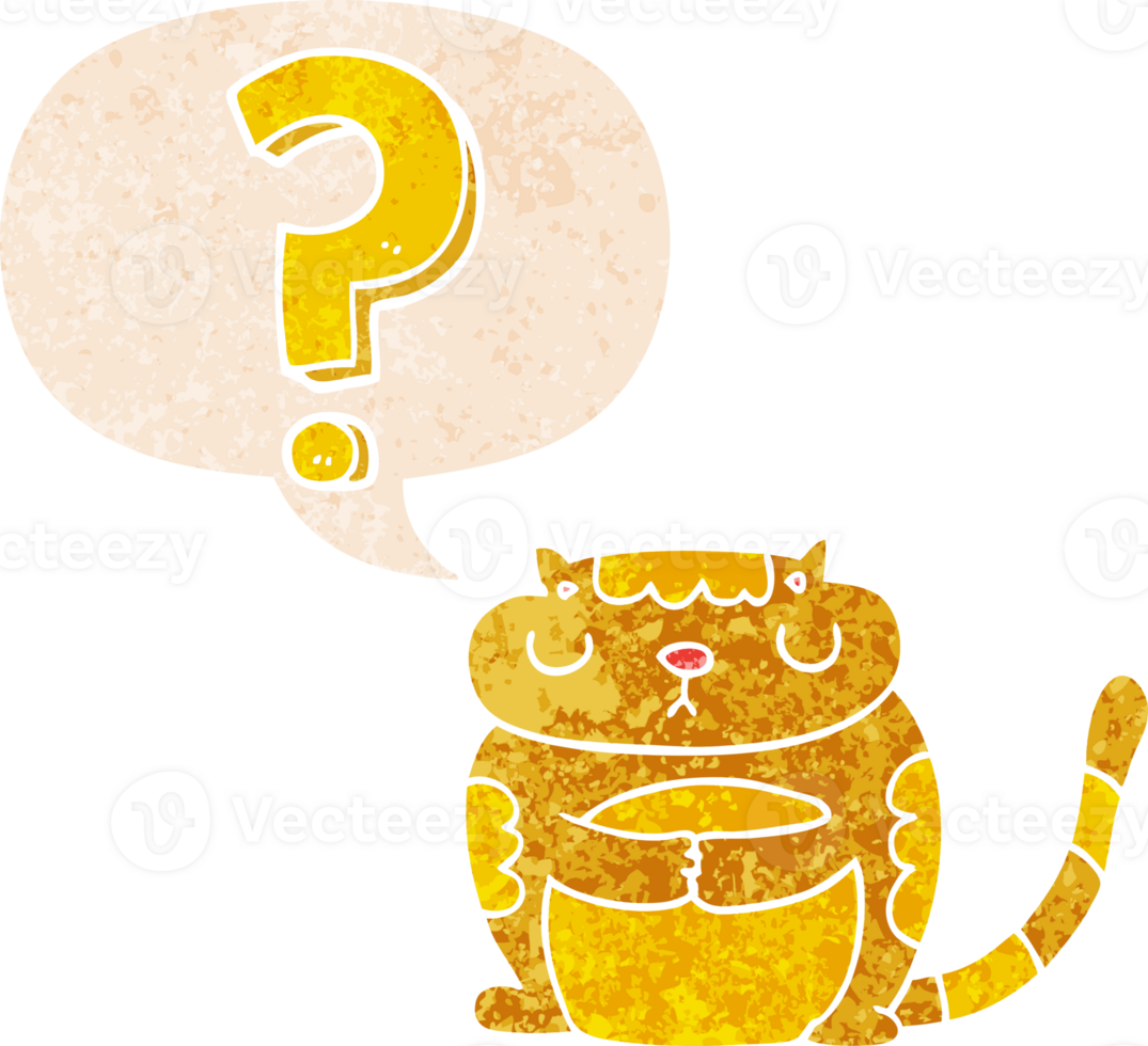 cartoon cat with question mark and speech bubble in retro textured style png