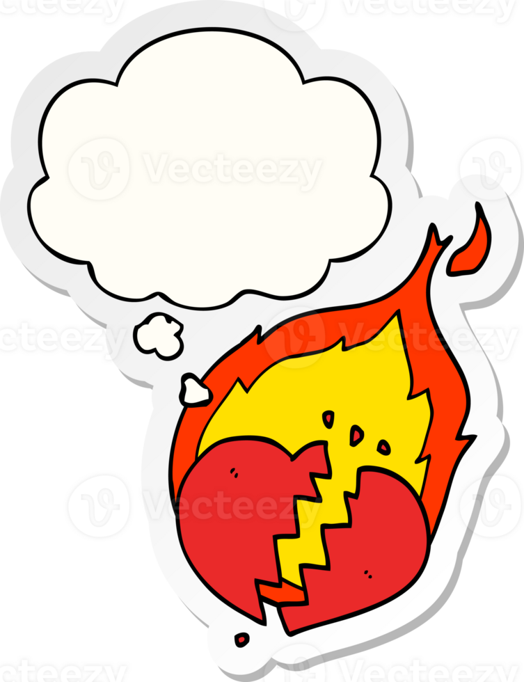 cartoon flaming heart and thought bubble as a printed sticker png