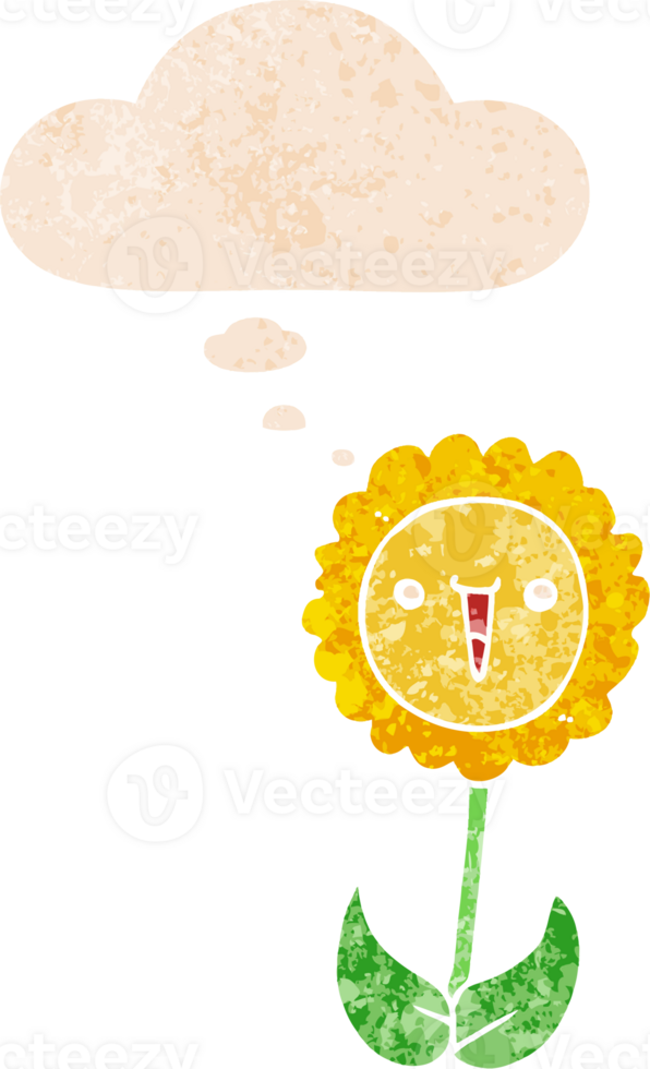 cartoon flower and thought bubble in retro textured style png