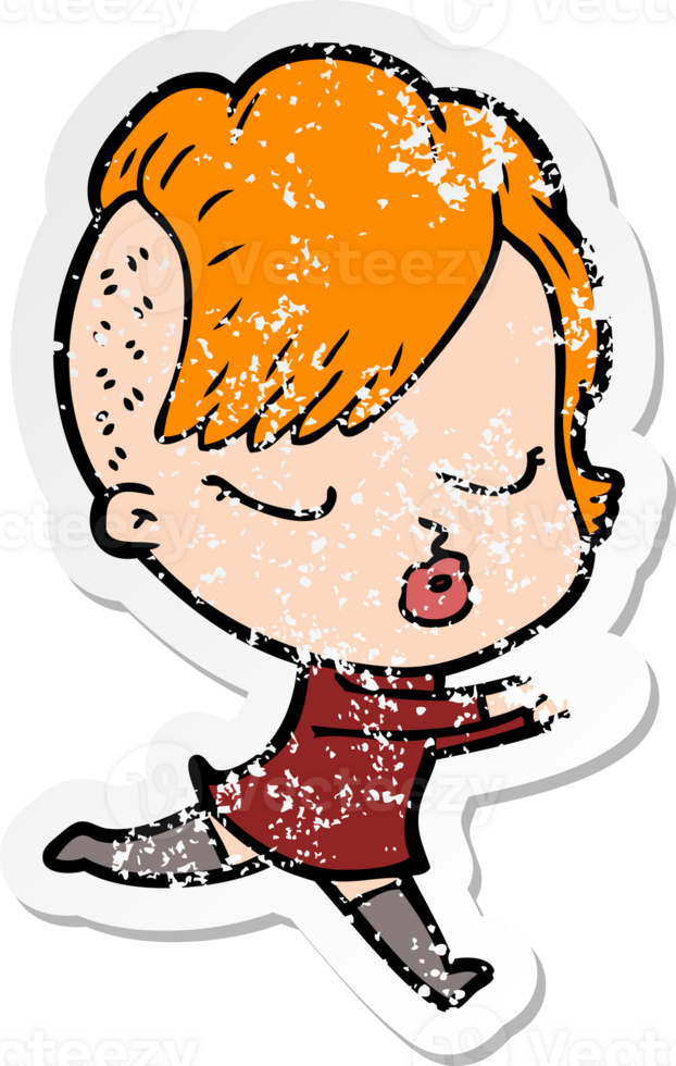 distressed sticker of a cartoon pretty hipster girl png