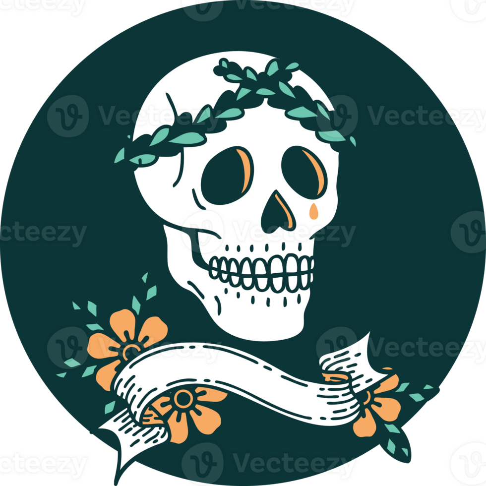 icon with banner of a skull with laurel wreath crown png