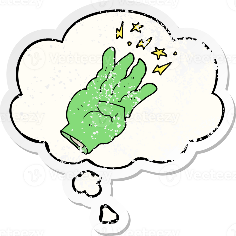 cartoon spooky magic hand and thought bubble as a distressed worn sticker png