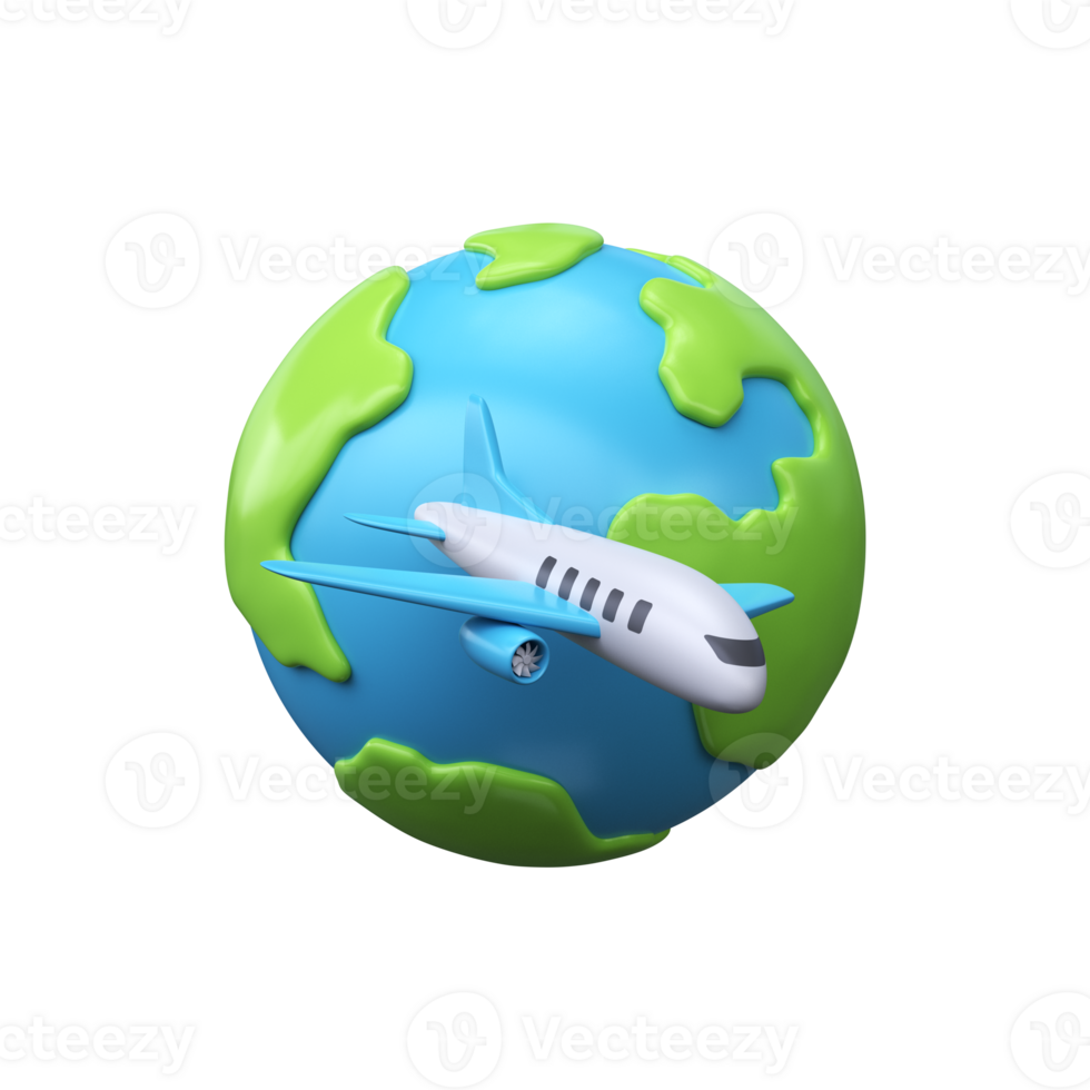 Airplane around the world 3d icon. Travel symbol png