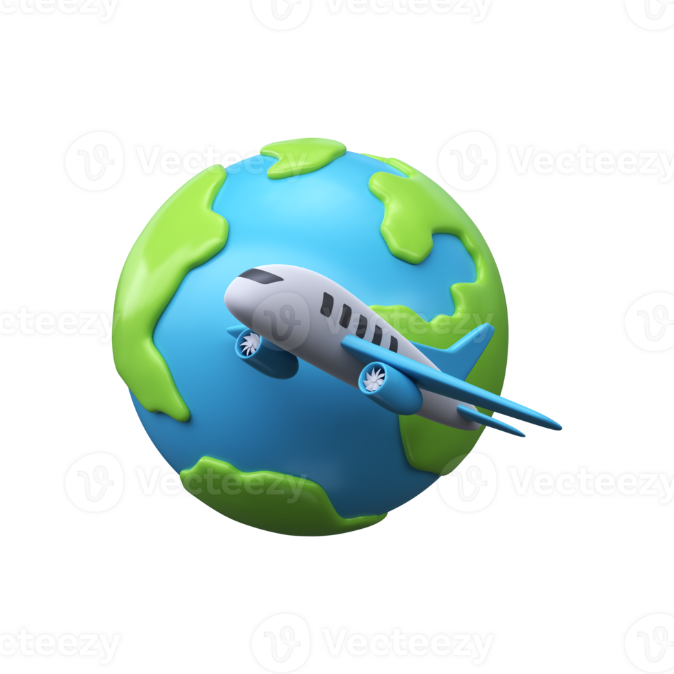 Airplane flies around planet Earth. 3D world travel icon png