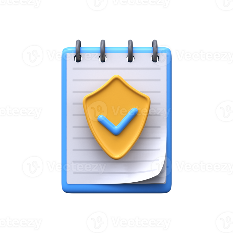 3d document protection icon. File security, notepad with shield png