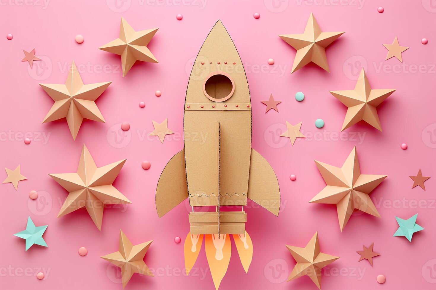 AI generated closeup flying rocket made of cardboard and paper stars on a pink background top view photo