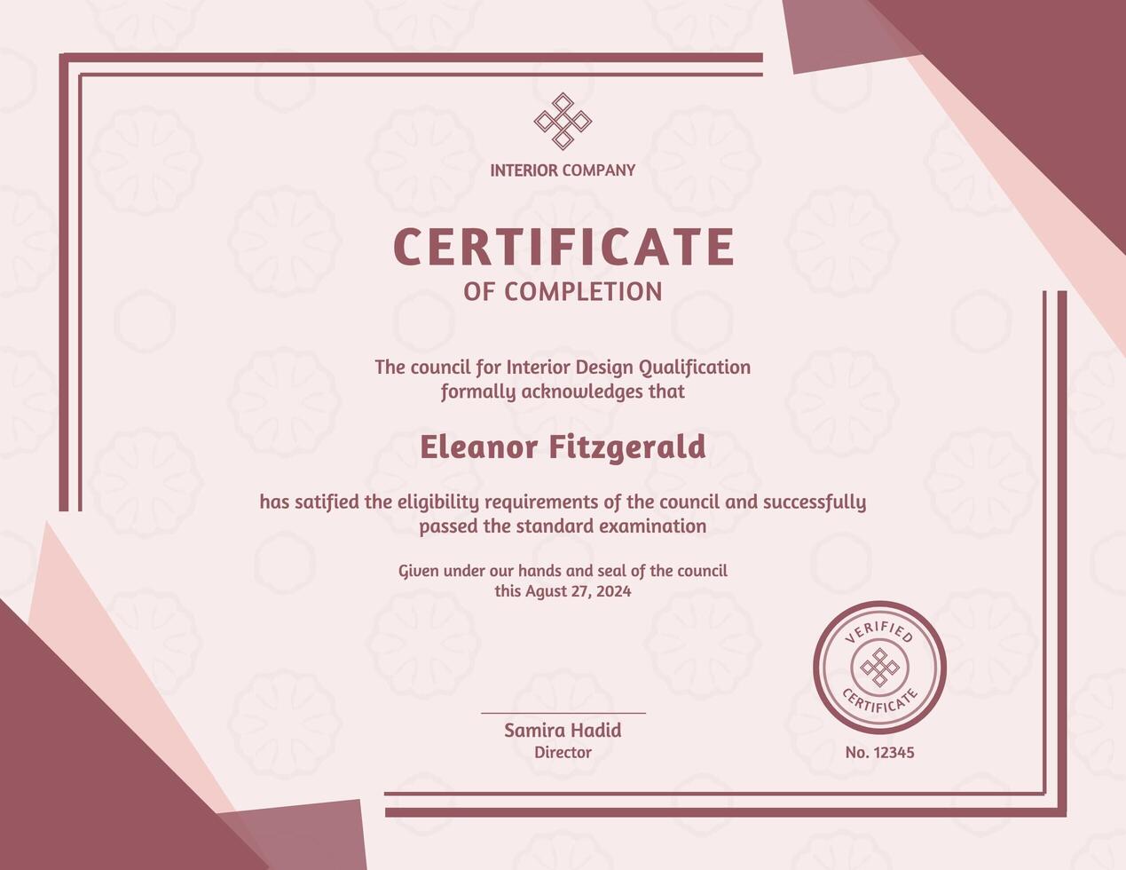 Pink Minimalist Geometric Interior Design Certificate template