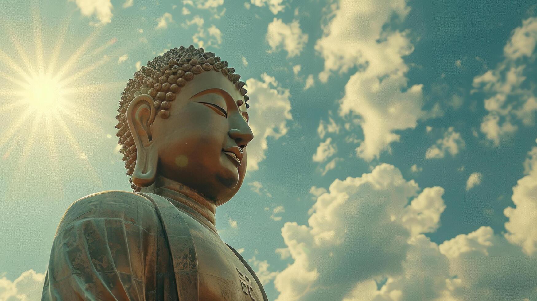 AI generated Golden Buddha statue in the clouds on the left. Minimalistic sky background with sun rays photo