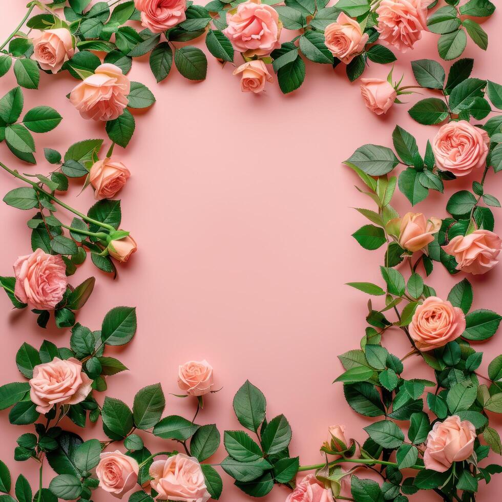 AI generated A banner featuring a frame crafted from rose flowers and green leaves against a pink backdrop. photo