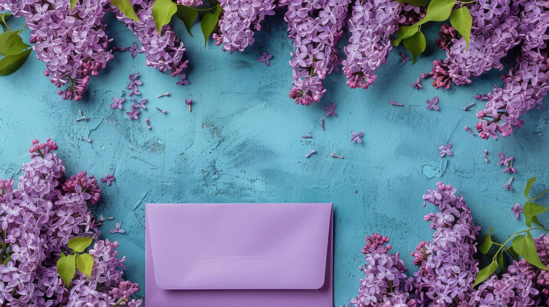 AI generated An empty purple envelope with spring lilac flowers against blue. photo