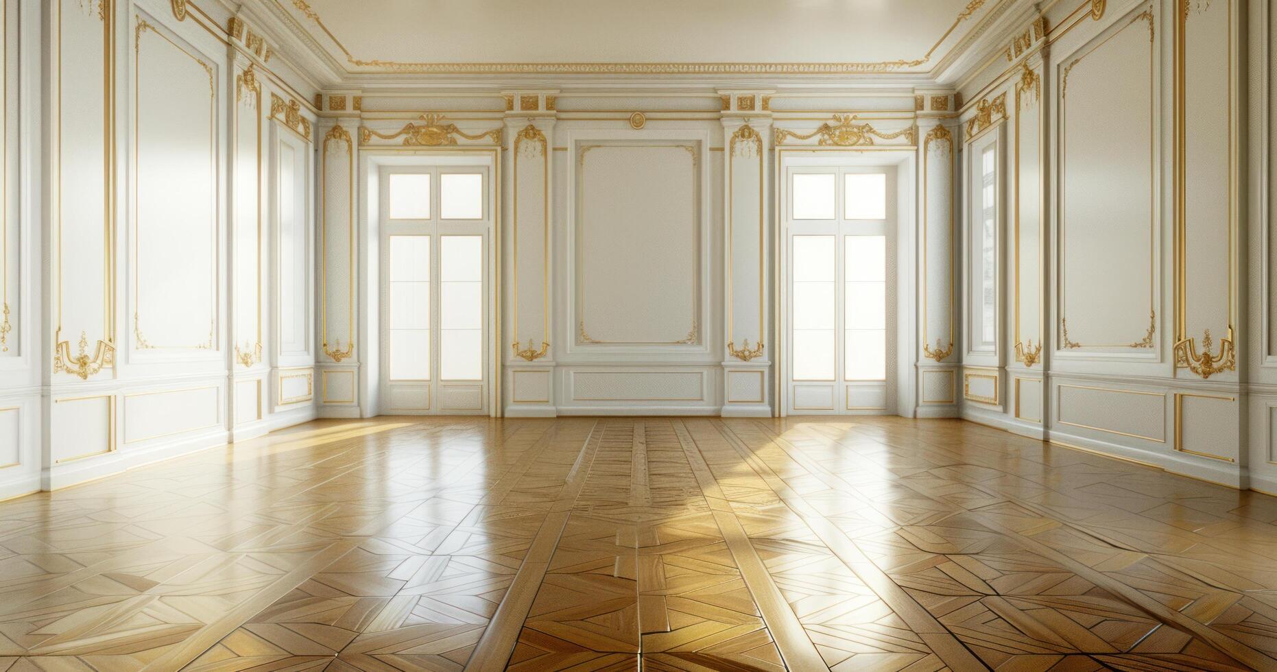 AI generated an empty room with white walls and a golden floor, photo