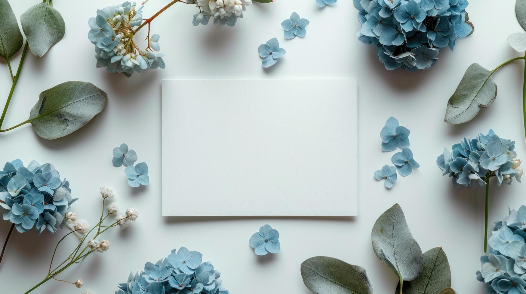 AI generated Mockup of an invitation card adorned with hydrangea and gypsophila flower decorations photo