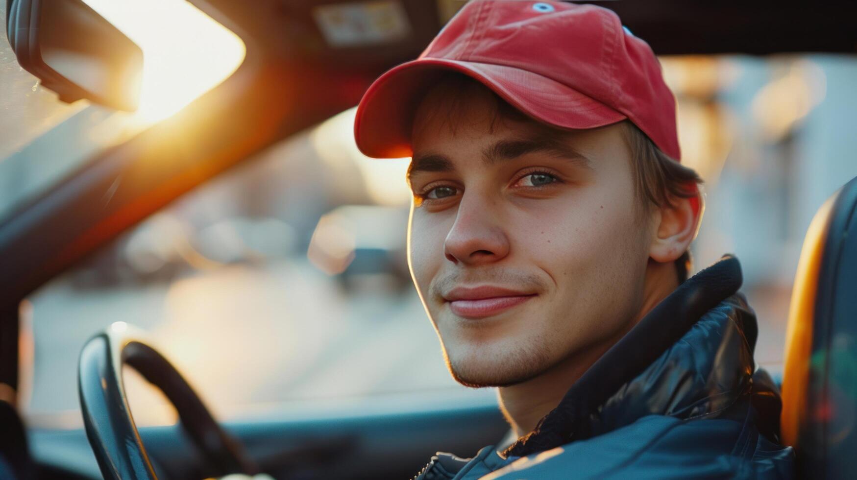 ai generado un joven hermoso chico en un rojo béisbol gorra se sienta detrás el rueda de un Deportes coche y mira dentro el cámara, sonriente foto