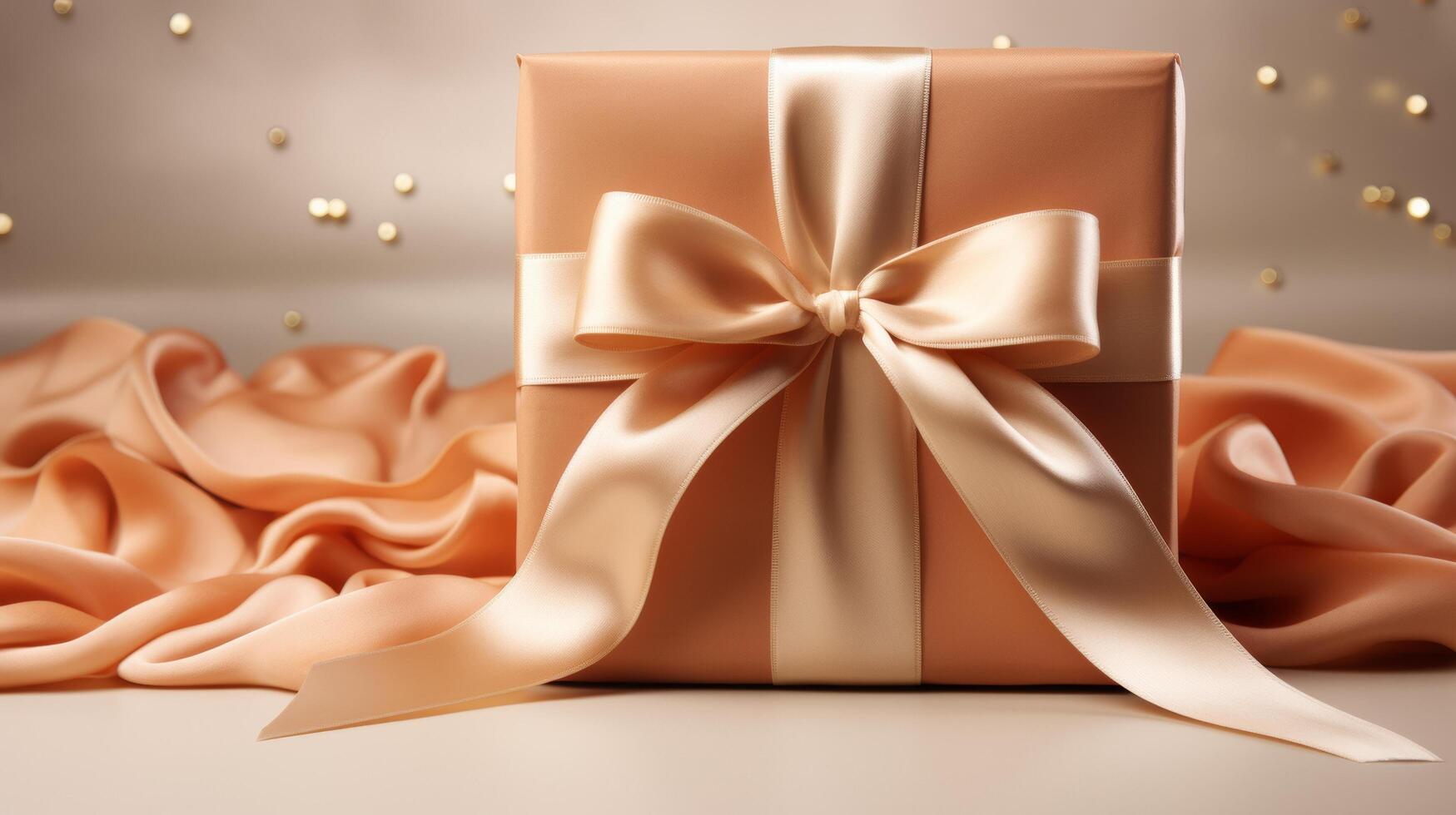 AI generated An elegant abstract pattern adorning a wrapped gift box, complemented by a satin ribbon, exuding simplicity and finesse. photo