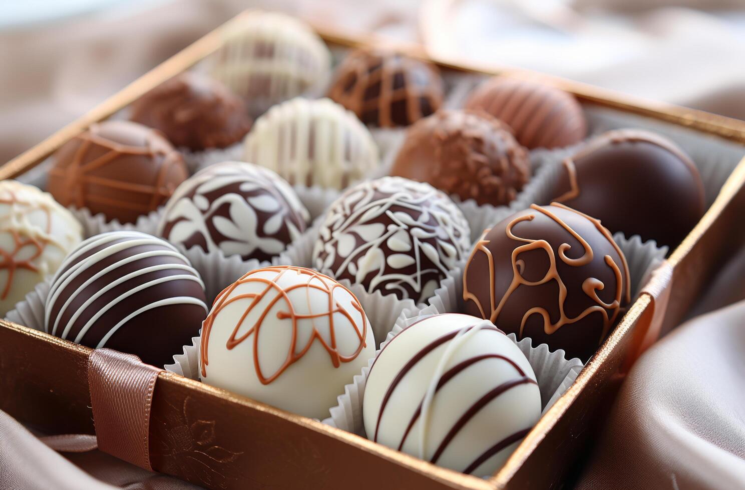 AI generated A selection of chocolates arranged in a box adorned with brown and white ribbons, showcasing visually tactile surfaces. photo