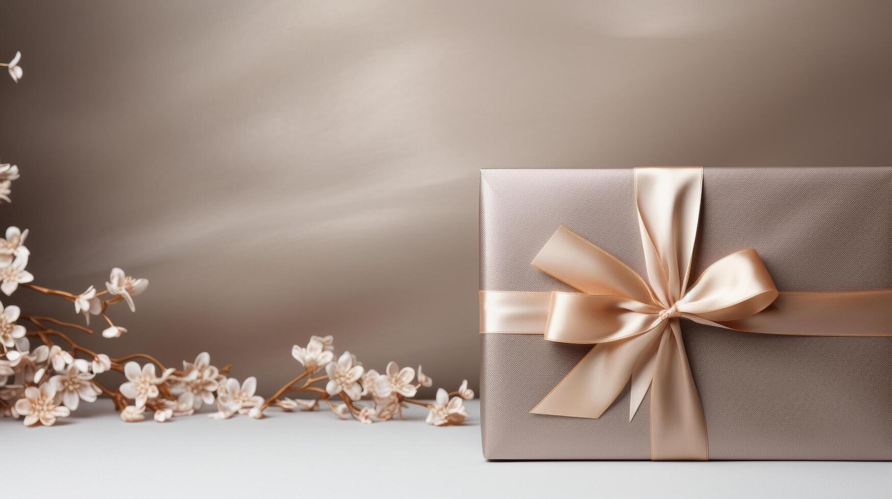 AI generated An elegant abstract pattern adorning a wrapped gift box, complemented by a satin ribbon, exuding simplicity and finesse. photo