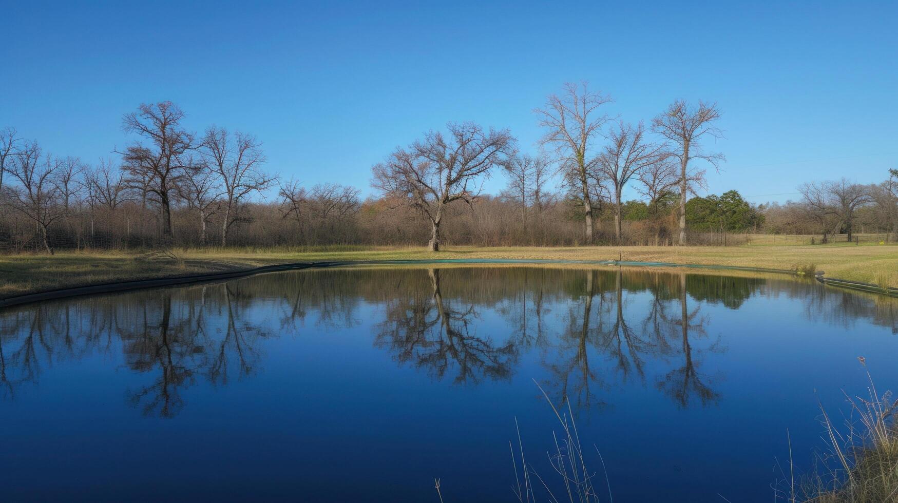 AI generated A crystal-clear pond reflects the azure sky and budding trees, creating a mesmerizing mirror of nature photo