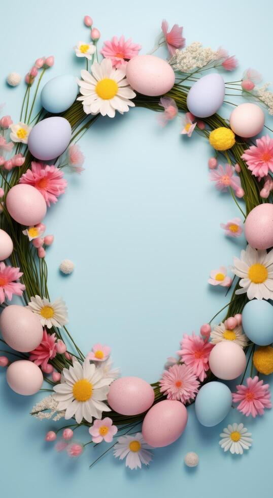 AI generated a round frame of easter eggs with wild flowers and greenery photo