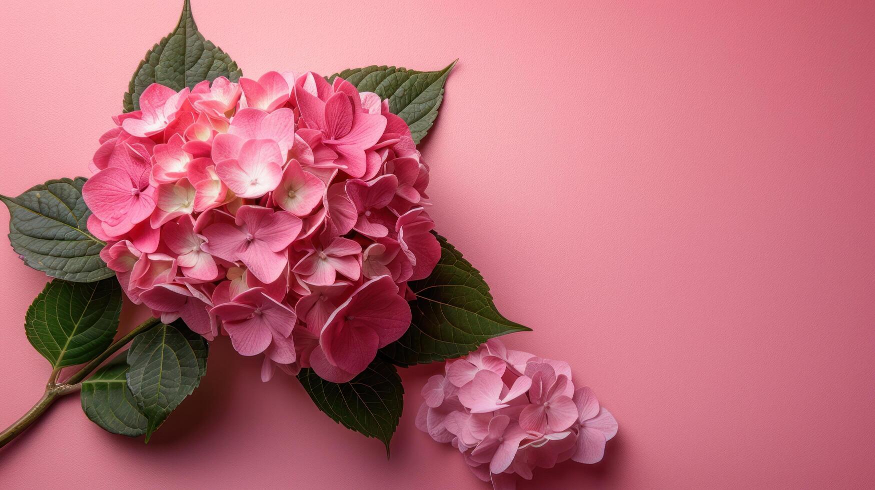 AI generated Beautiful pink hydrangea flower lies on the left on a minimalistic pastel pink background photo