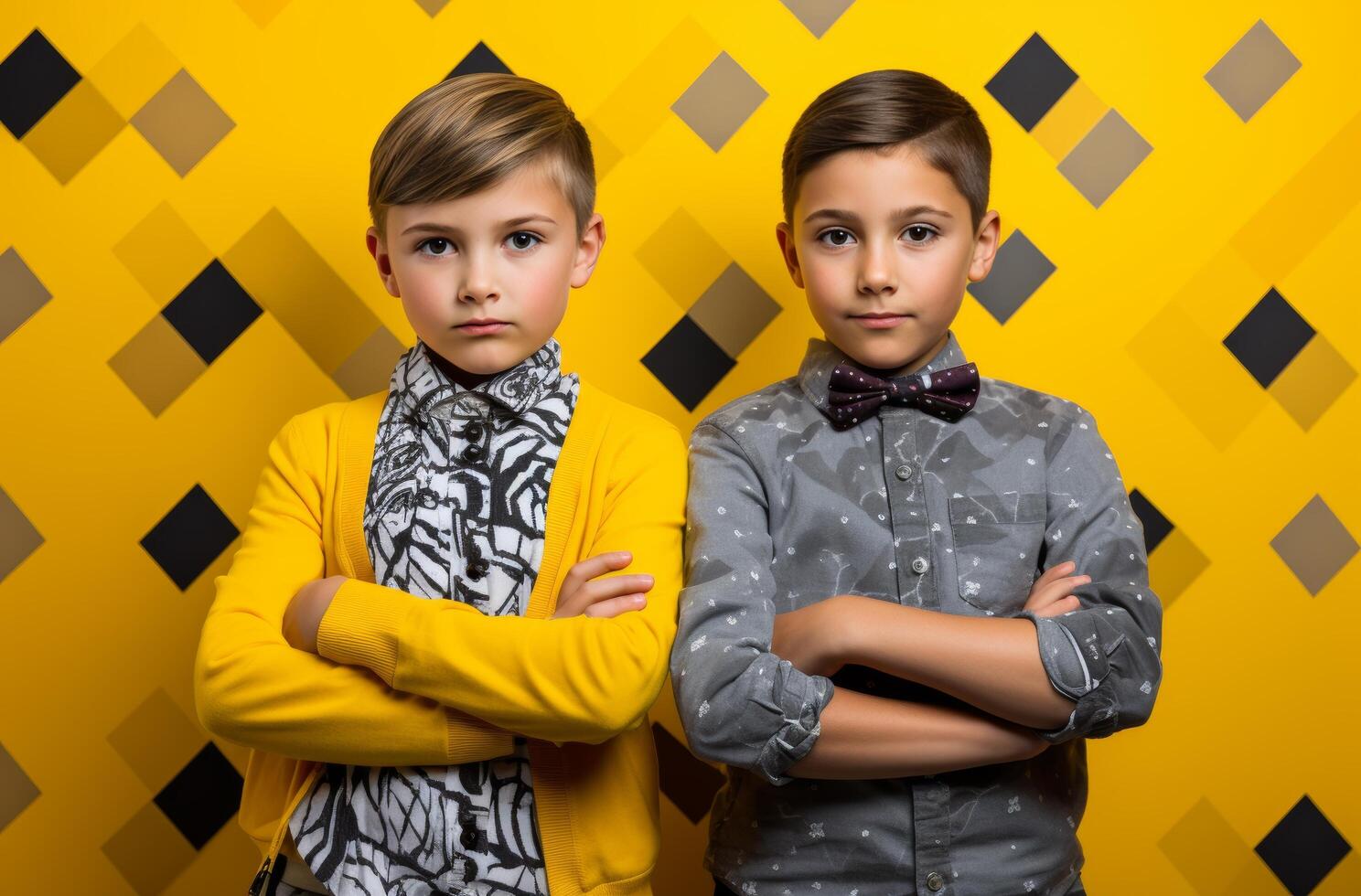 AI generated a pair of boys standing next to each other with their arms crossed photo