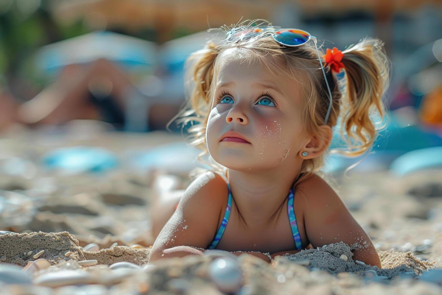 ai generado pequeño niña en el playa con un bronceado en foto