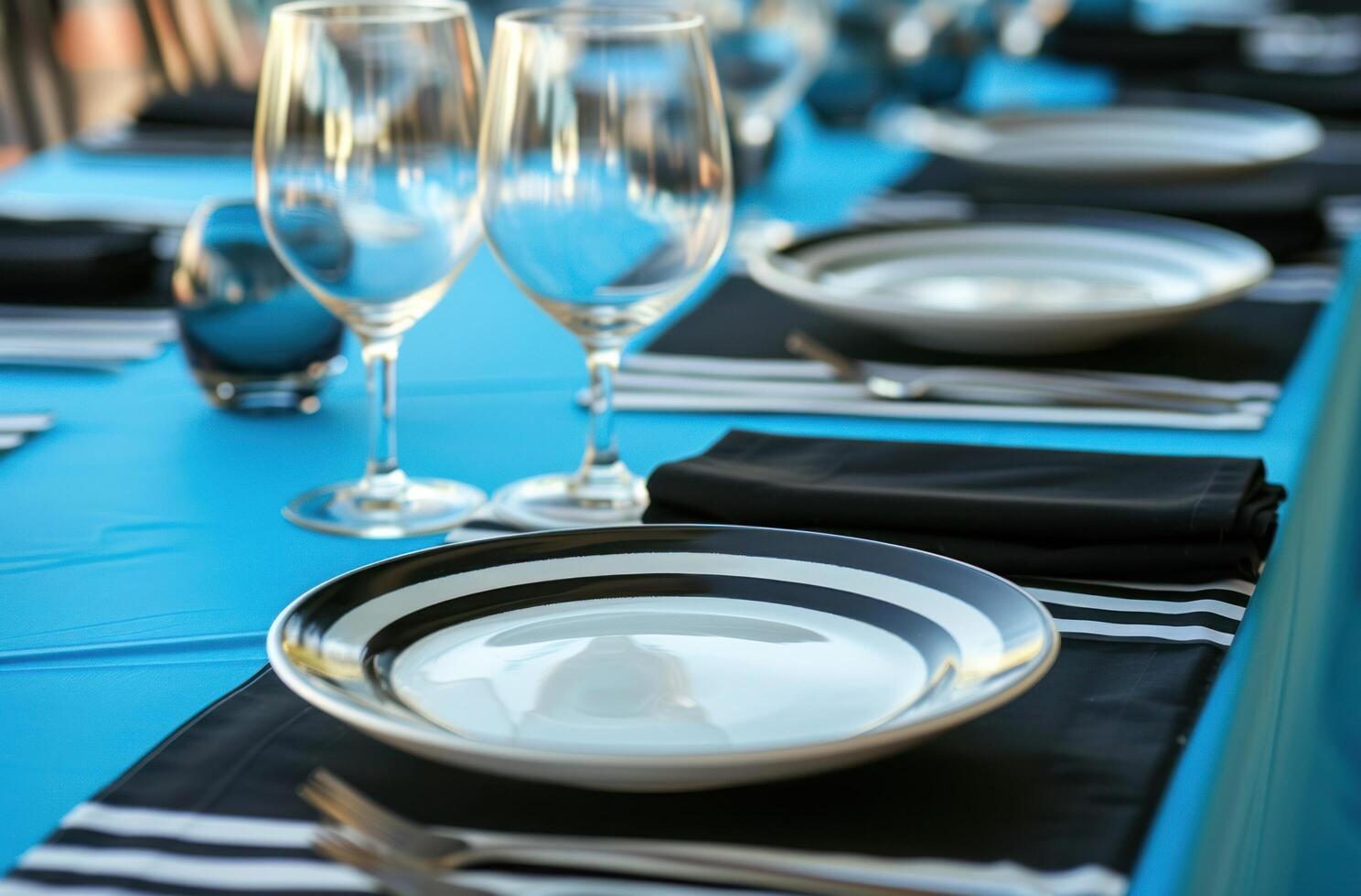 AI generated a blue dinner table with two plates and water glasses on it photo