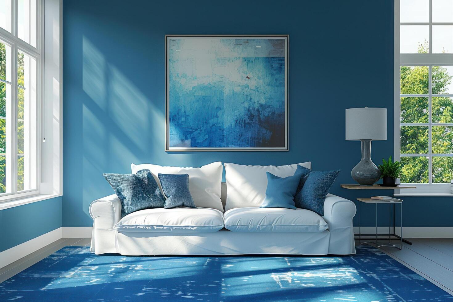 AI generated a blue living room with a dark blue wall photo