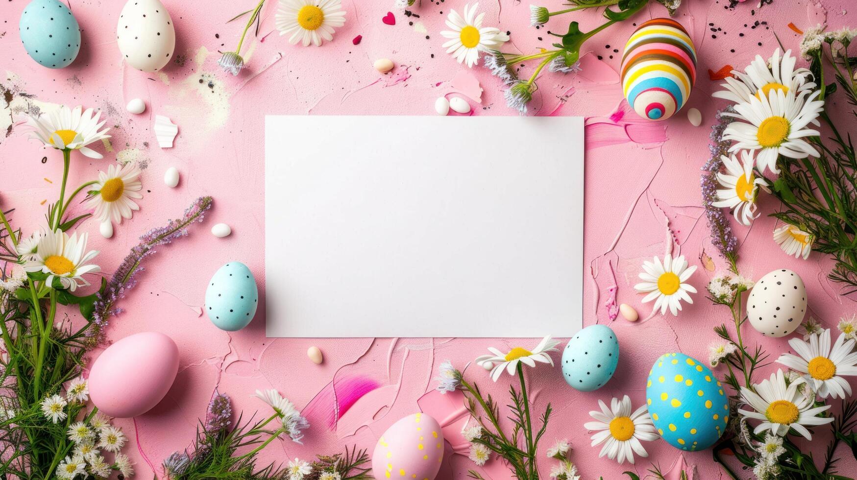 AI generated White paper on pink background with chamomile flowers, Easter eggs scattered. photo