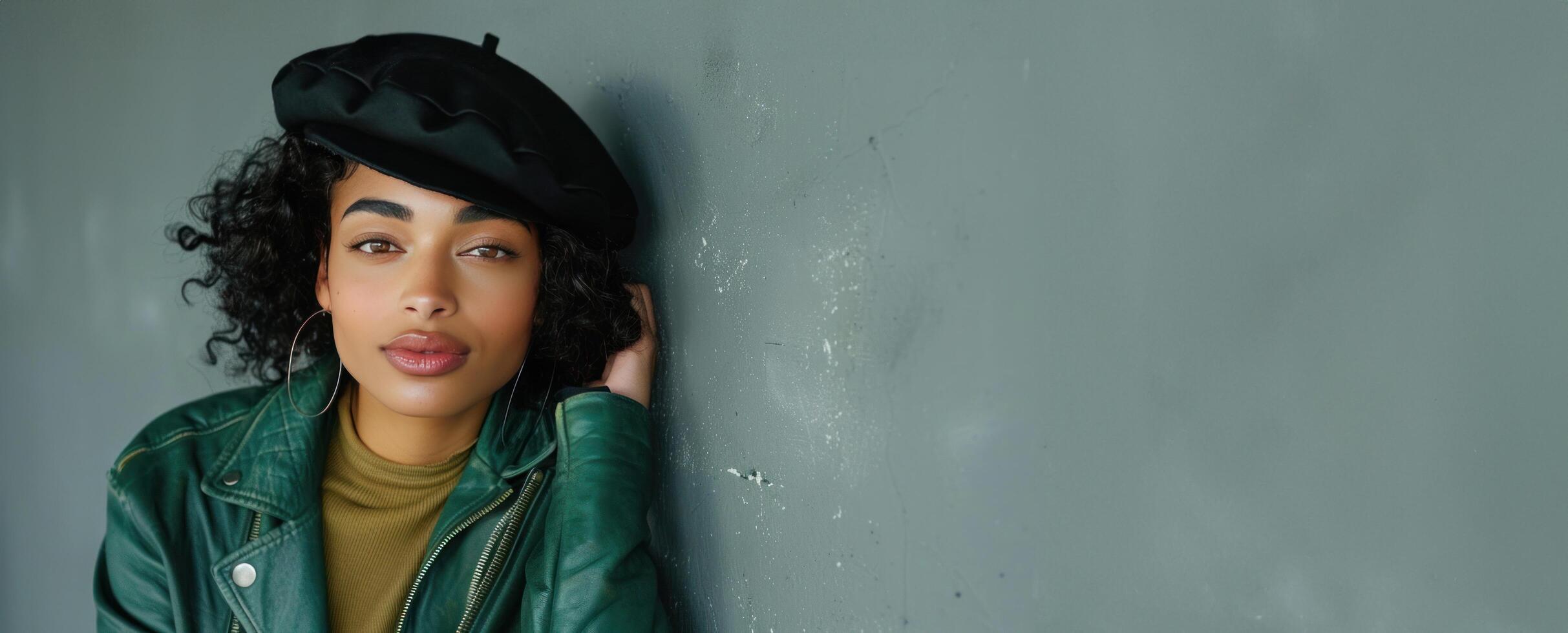 ai generado un elegante joven mujer, vistiendo un negro boina y un verde cuero chaqueta, sorprendentes un actitud en contra un gris antecedentes foto