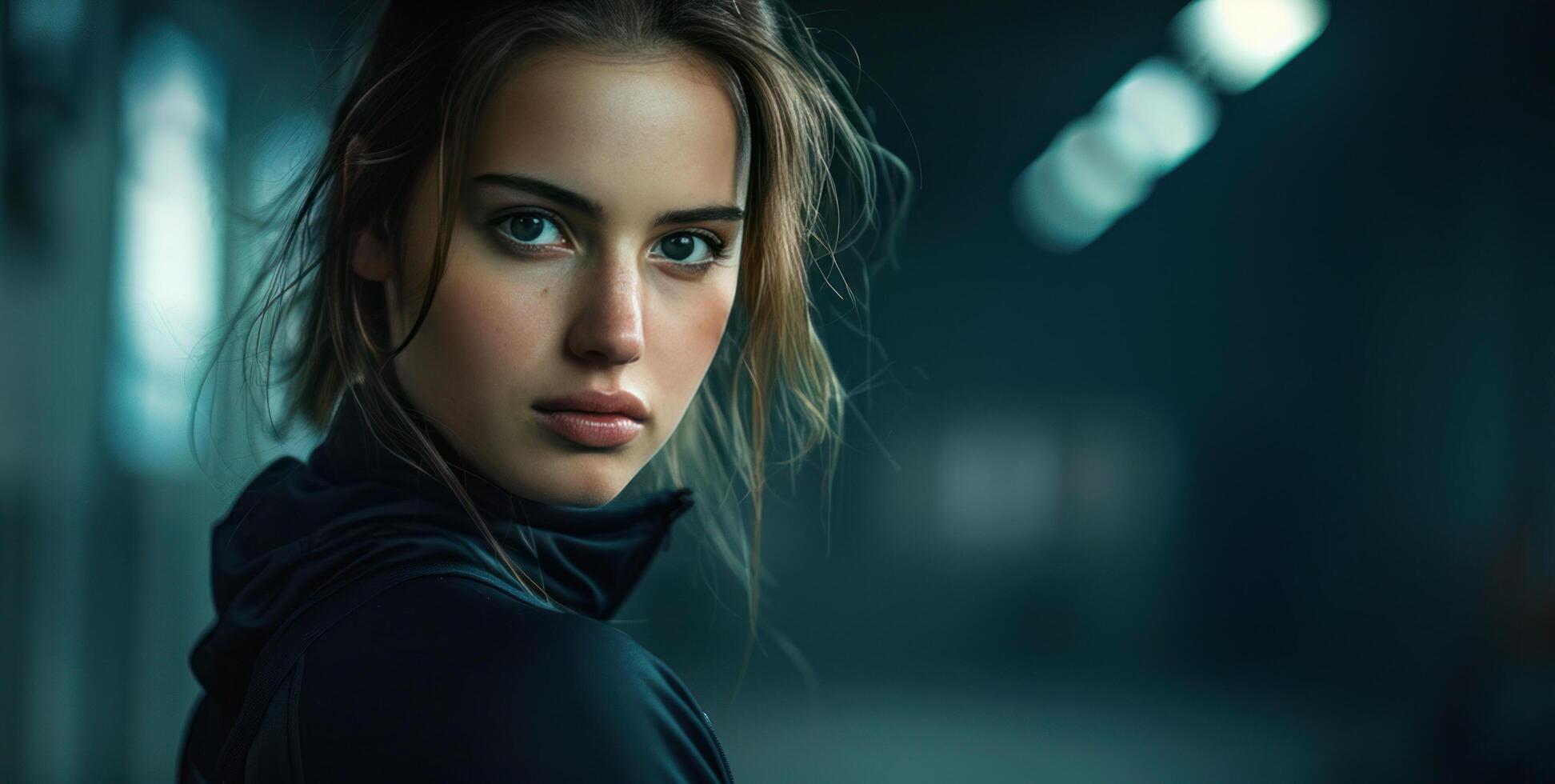 AI generated A young beautiful woman in a black fitness suit with a serious, confident face looks defiantly at the camera photo