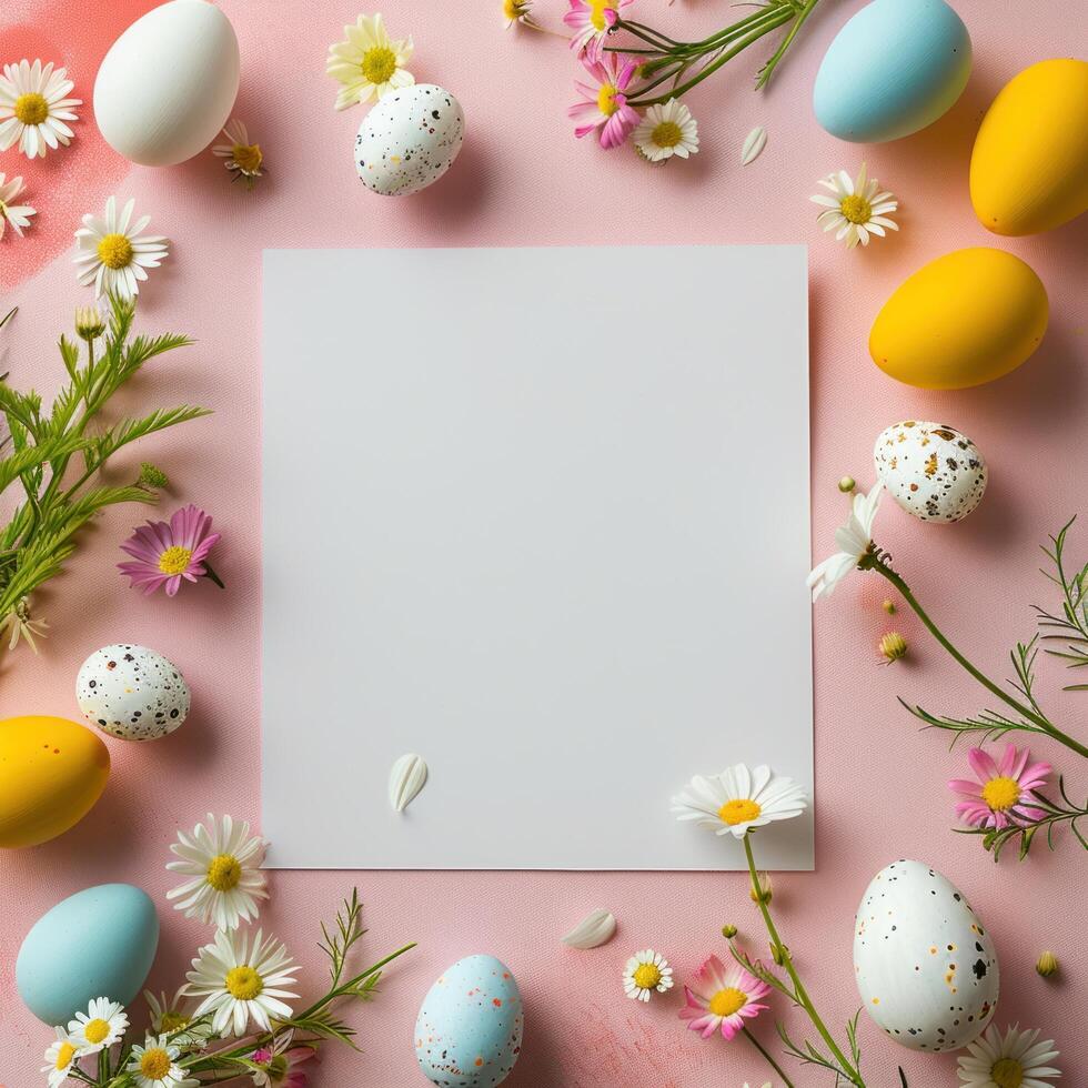 AI generated White paper on minimalist pink background with chamomile flowers, Easter eggs. photo