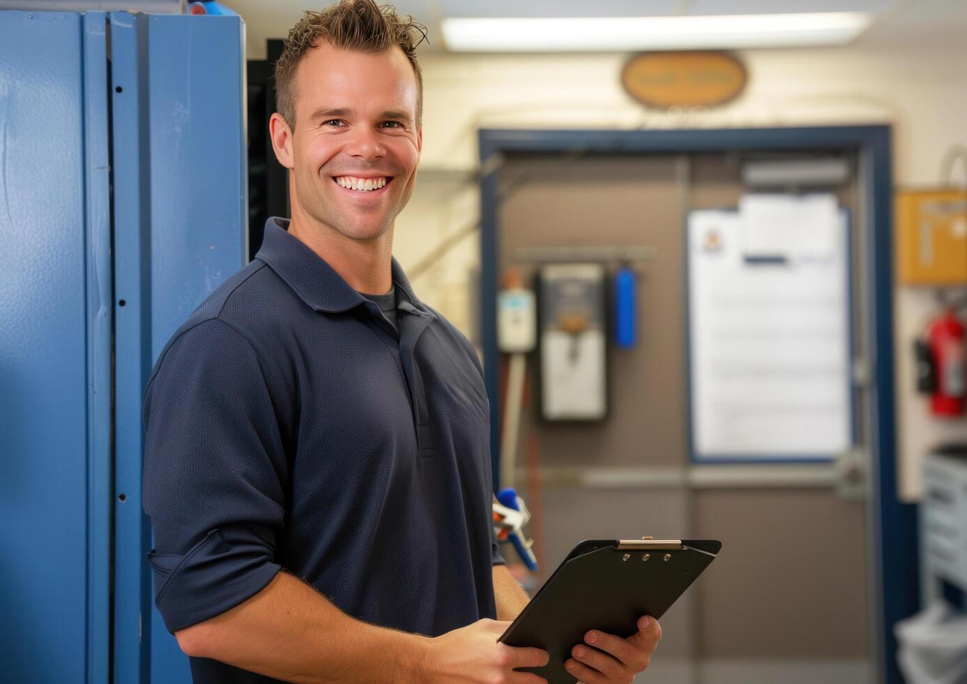 AI generated a smiling man standing in a room, holding a clipboard photo