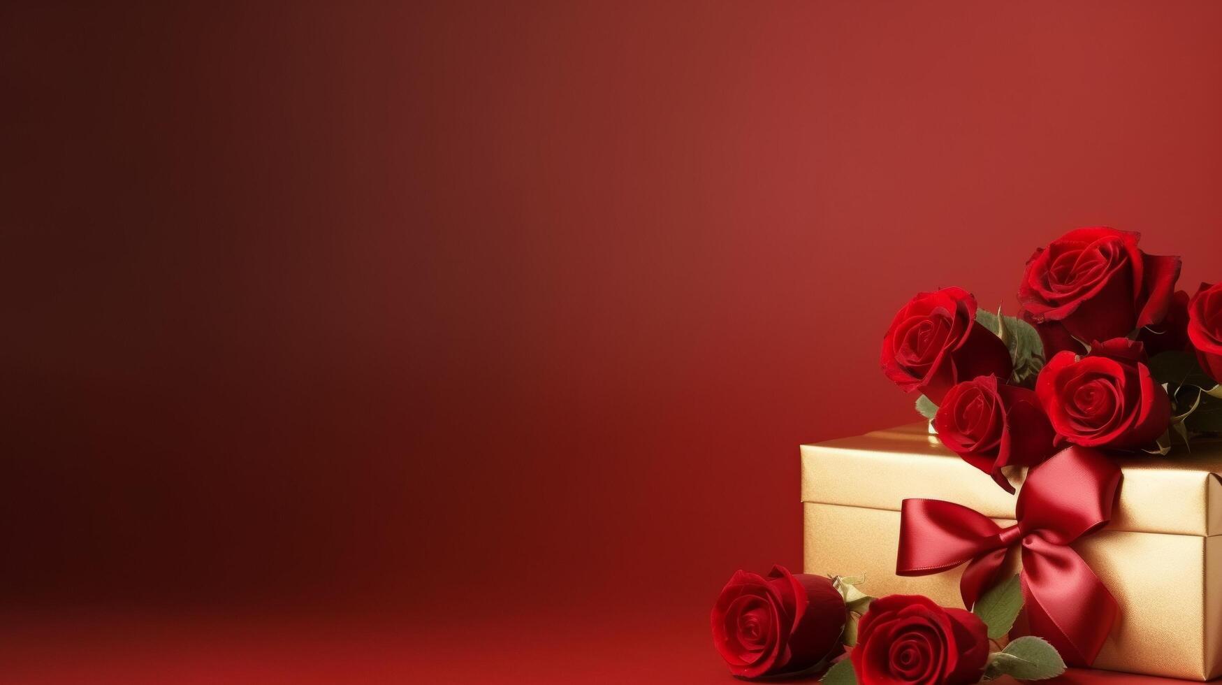 AI generated Gorgeous minimalistic red backdrop adorned with red roses and a small golden gift box, featuring an off-center composition and plenty of space for text. photo