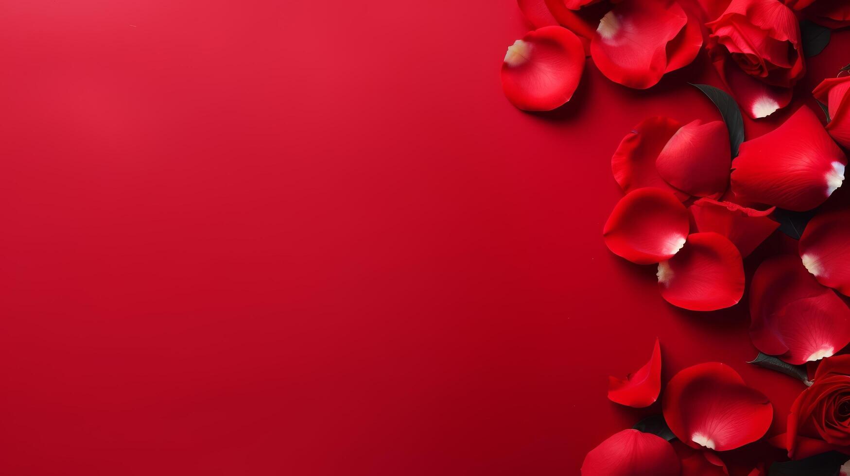 AI generated Red rose petals lie on the left on a bright red minimalistic background with large copyspace area photo