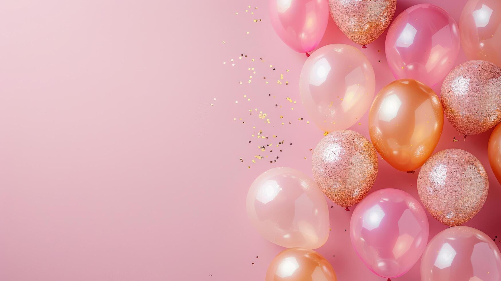 AI generated Frame of gold and transparent inflatable Balloons with glitter on a minimalistic pink background photo