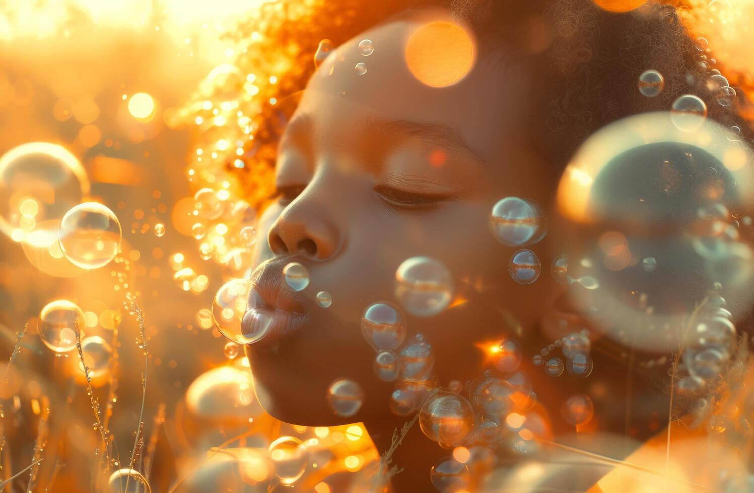 AI generated child blowing bubbles in grassy field photo