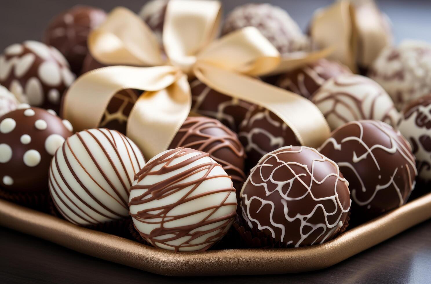 AI generated an assortment of chocolates in a box with brown and white ribbons photo
