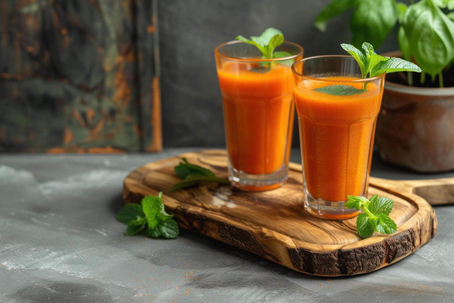 AI generated two glasses filled with carrot juice on a wooden board photo