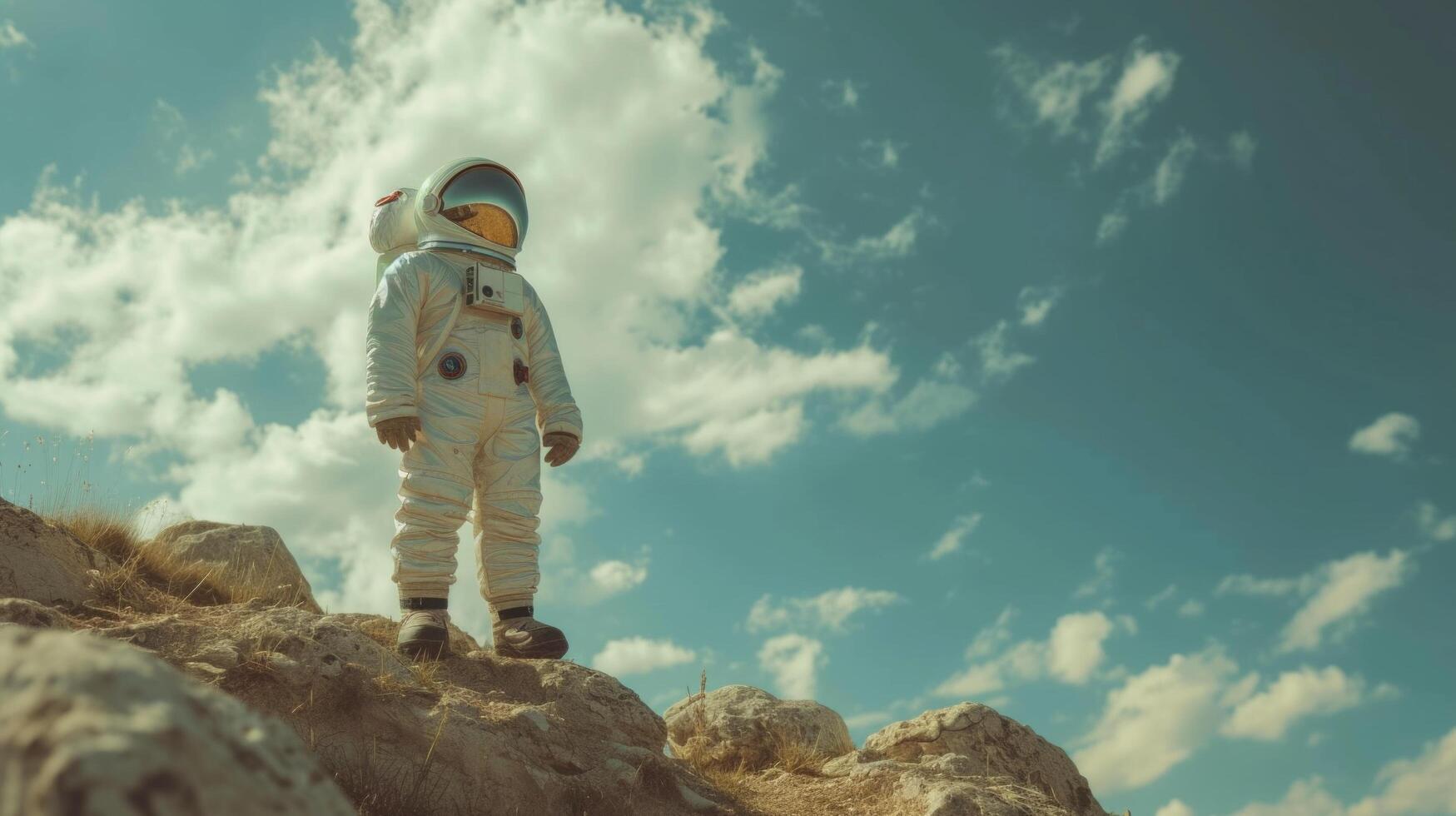 AI generated A youngster dressed as an astronaut, dreaming big and reaching for the stars photo