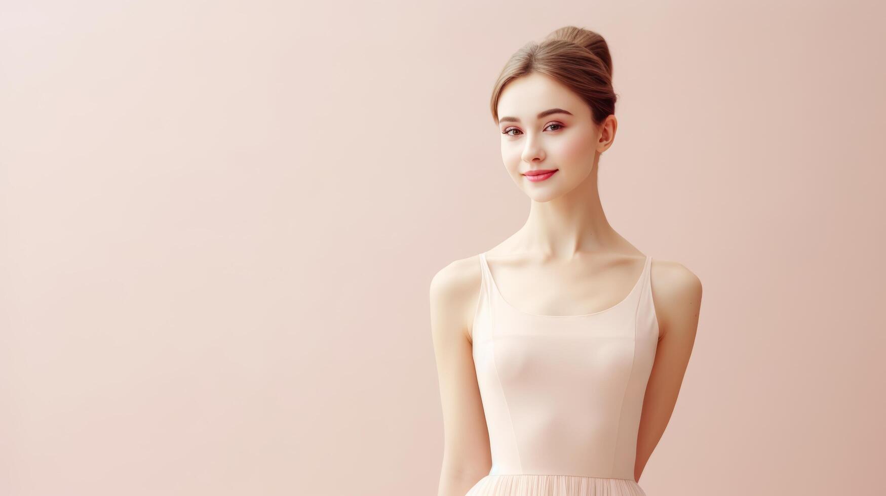 AI generated Beautiful female ballerina in a ballet dress stands on a minimalistic beige background and looks smiling at the camera photo