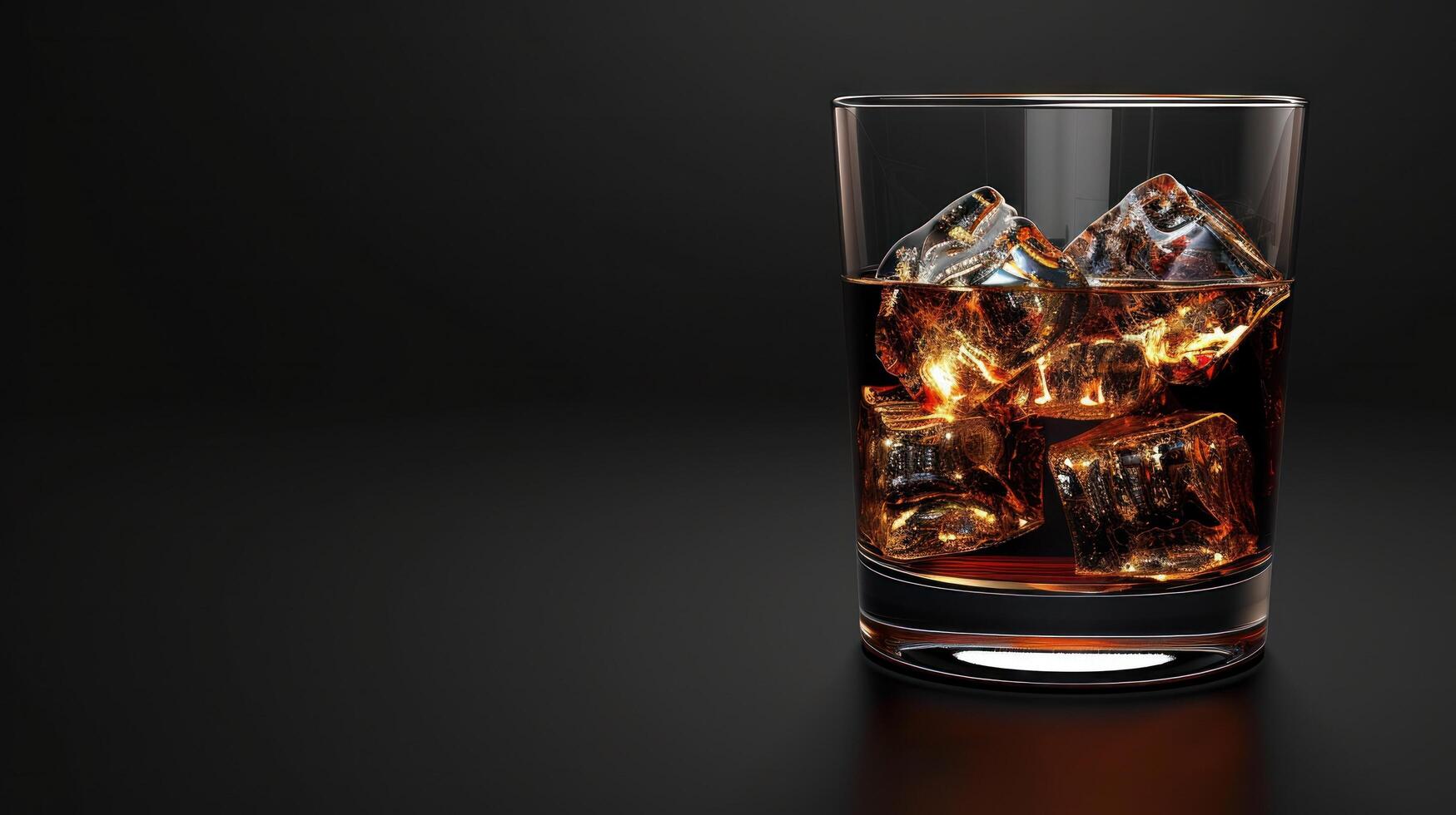 AI generated A glass with whiskey and ice cubes stands on a minimalistic black background on the left photo