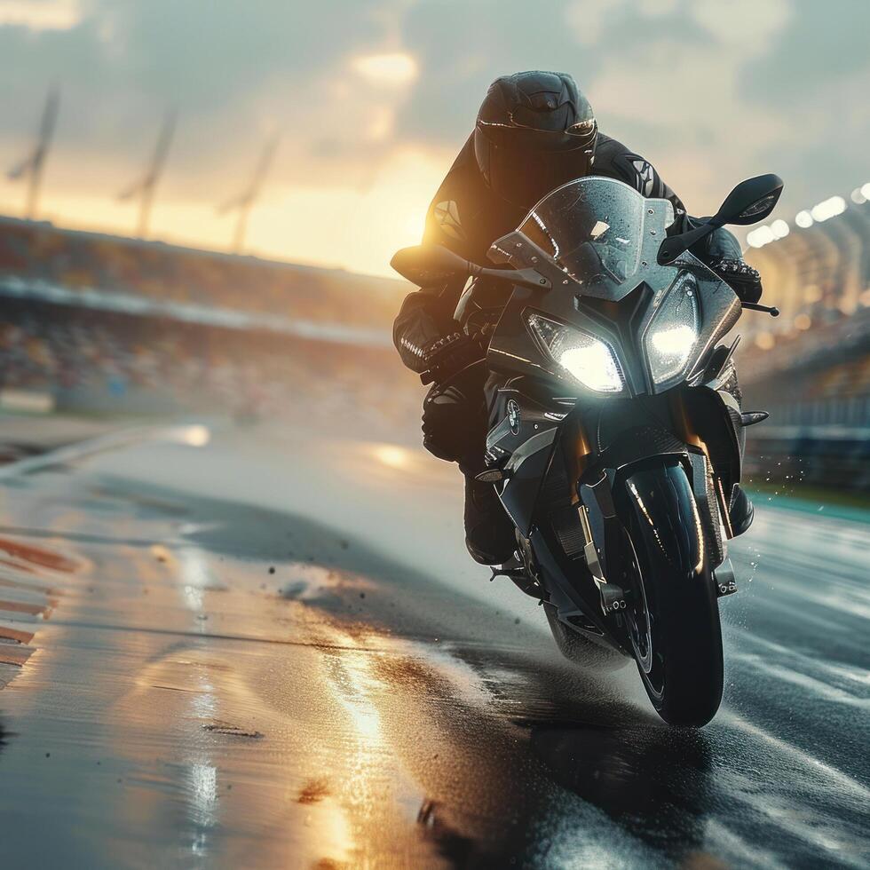 AI generated Handsome biker rides his sports motorcycle on a sports track photo