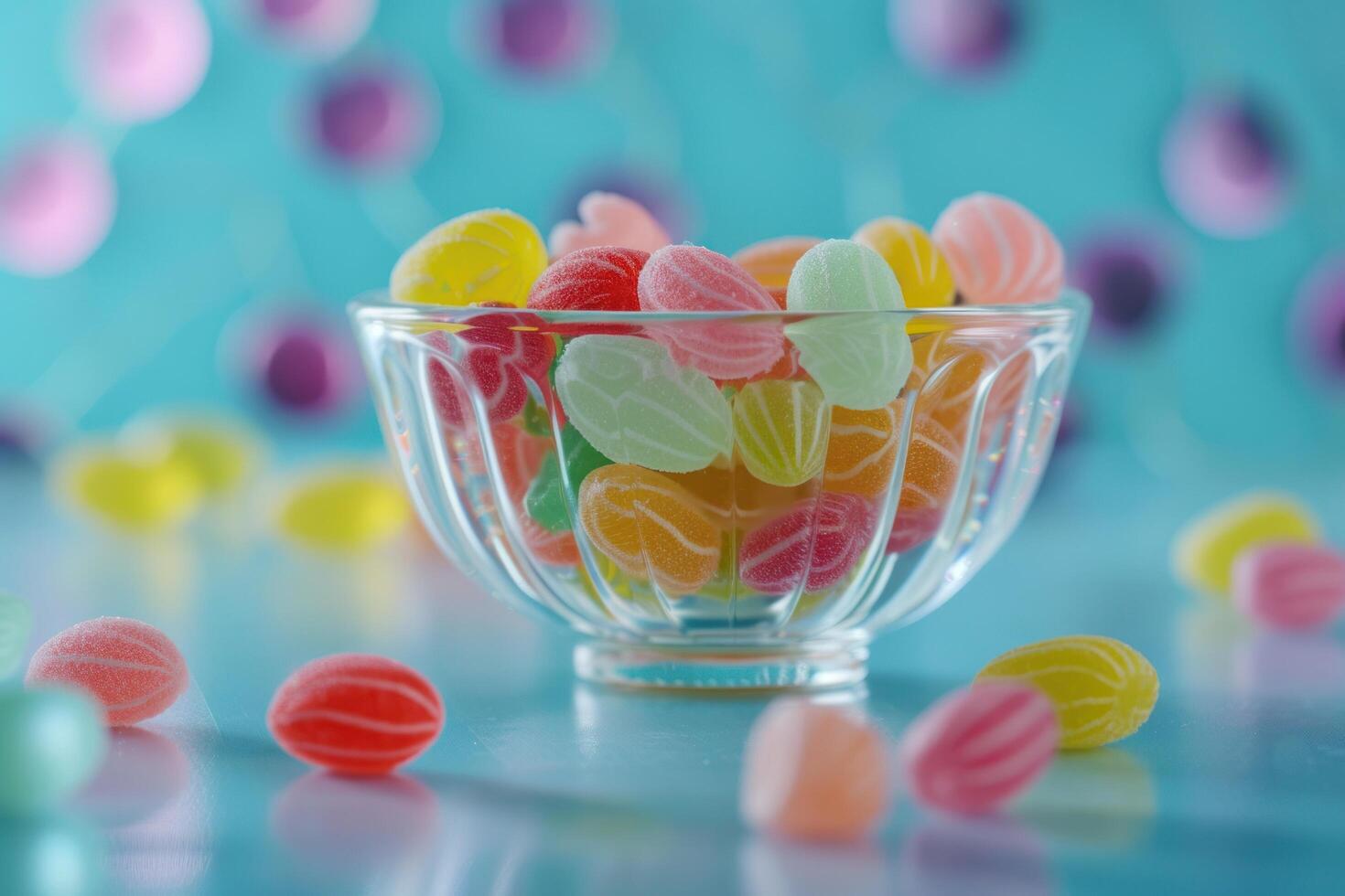 AI generated colorful candies and jellybeans on blue background photo