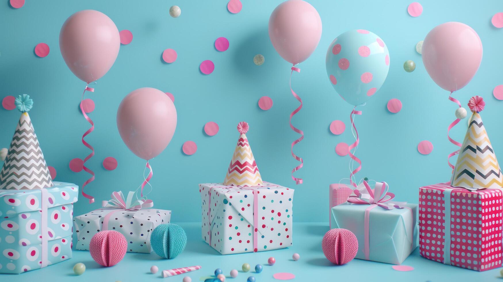 AI generated Birthday party decorations include balloons, streamers, hats, and gift boxes on minimalist blue background photo