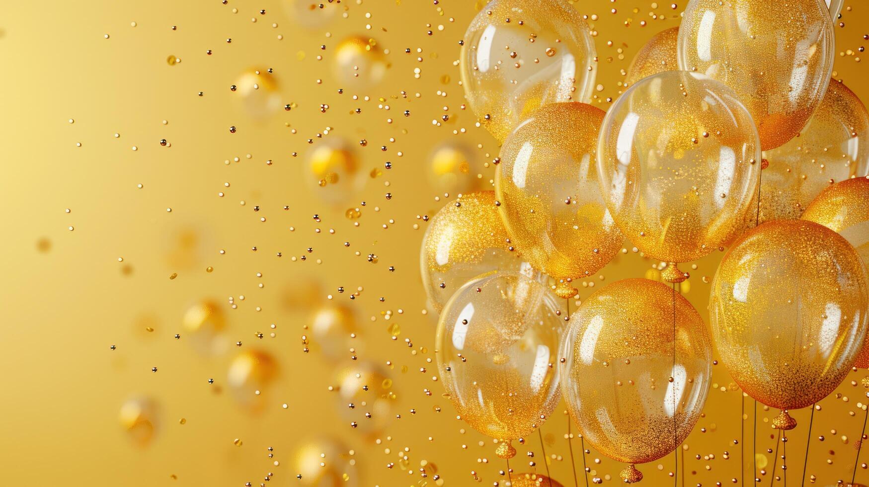 AI generated Frame of gold and transparent inflatable Balloons with glitter on a minimalistic yellow background photo