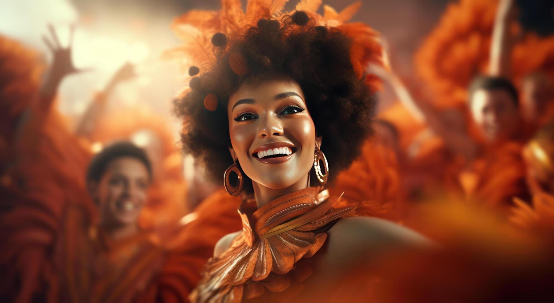 AI generated a woman in orange standing up and dancing with a group of others photo