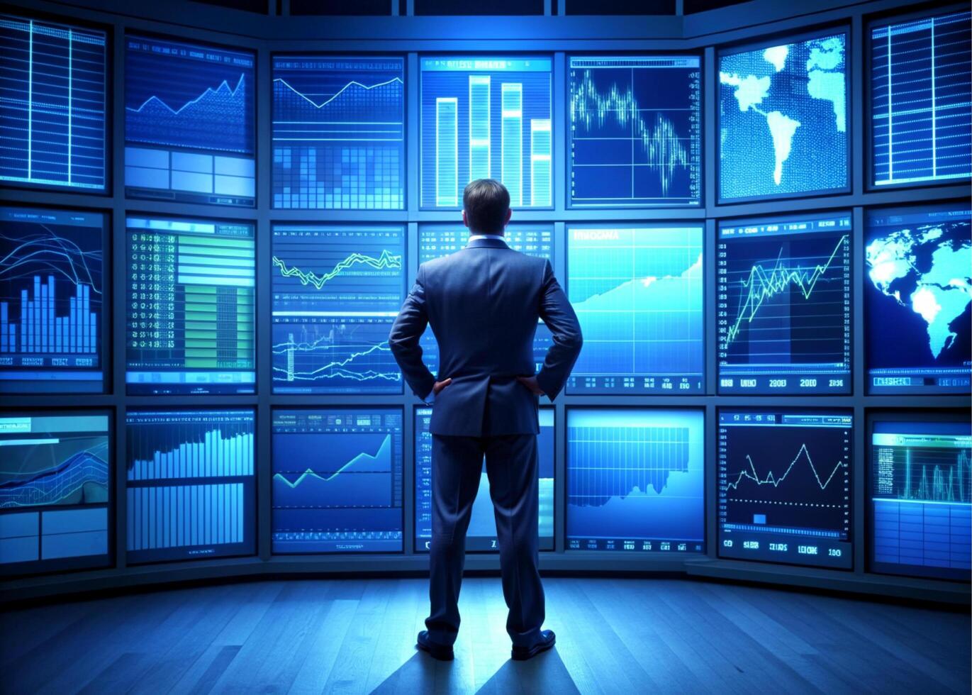 AI generated Stock Market Top Trader Looks at Projected Ticker Numbers and Graphs Running, Analysing photo