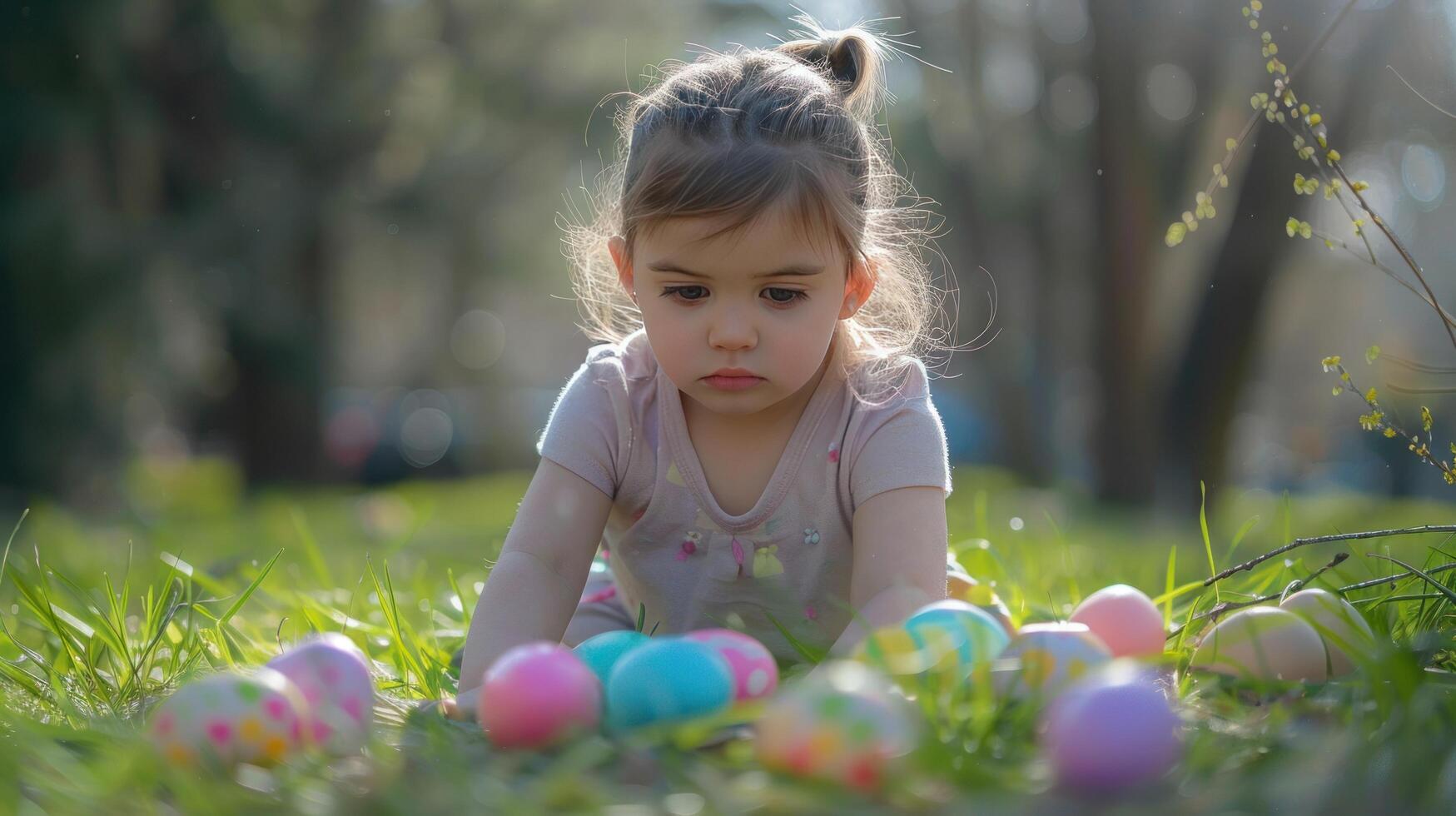 AI generated A young girl collecting colorful eggs in the park, embodying the Easter hunt concept photo